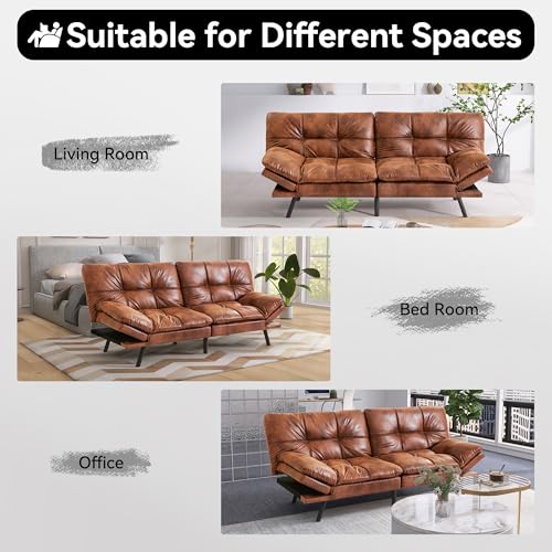 Vyfipt 71" Convertible Futon Sofa Bed,3-in-1 Faux Leather Fabric Futon Couch with Memory Foam, Modern Foldable Sleeper Loveseat for Small Spaces, Living Room,Office & Apartment,Brown Vyfipt