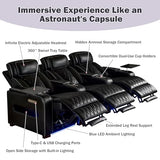 GUEAPY Power Reclining Sofa Home Theater Seating with Adjustable Headrest, Breathable Leather Electric Recliner with LED Lighting, Cup Holders, USB Charging & Tray Table