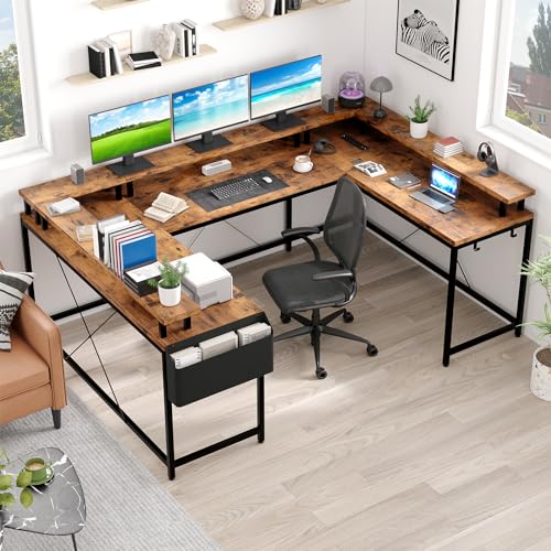 FinerFurnis u Shaped Desk with Power Outlets & LED Lights, 79" Extra Large Reversible Corner Office Desk, Monitor Stand & Storage Shelves, Corner Computer Table Office Table with Full Monitor Stand FinerFurnis
