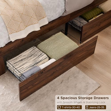 ACCOHOHO King Size Bed Frame Modern with 52" Tall Arched Recessed Headboard and 4 Drawers, Solid Wood Slats Support, Wood Platform, Noise Free, No Box Spring Needed, (Brown) ACCOHOHO