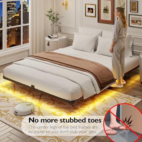 FSJianYi Floating Bed Frame Queen Size with LED Lights Metal Platform Bed No Box Spring Needed Easy to Assemble (Queen (U.S. Standard)) FSJianYi