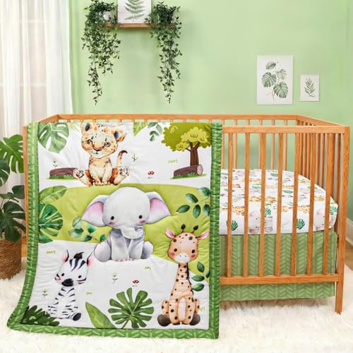 FIGEPO Baby Crib Bedding Set Safari Neutral Crib Nursery Comforter Bed Sets Decor with Fitted Crib Sheet, Comforter and Bed Skirt for Unisex Boys Girls (Safari) FIGEPO