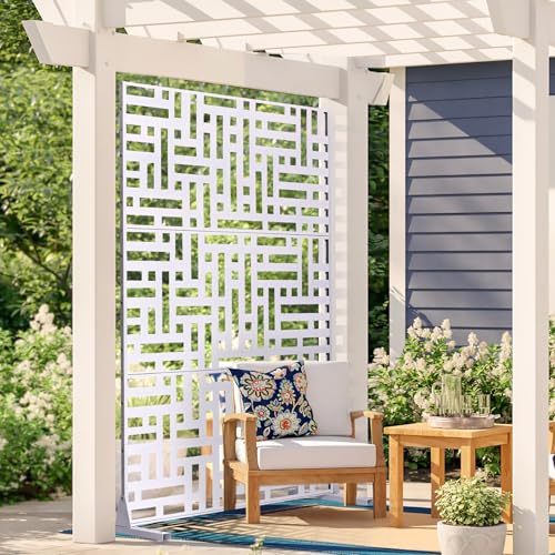 VEVOR Metal Privacy Screen, 47" W x 76" H Outdoor Privacy Screens 3-Panel, Freestanding Outdoor Divider with Stand, Decorative Garden Steel Privacy Fence for Balcony Patio Indoor Room Hot Tub White VEVOR