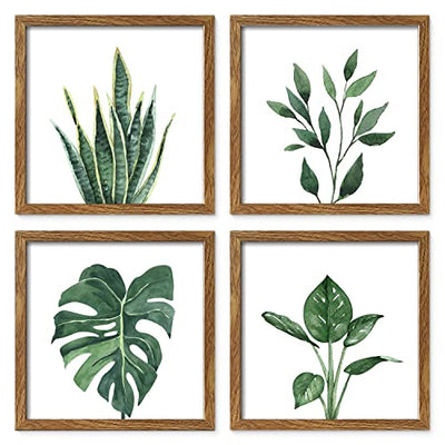 ArtbyHannah Framed Bathroom Wall Decor, Botanical Wall Art with Sage Green Plant Print for Bedroom Decoration, Minimalist Restroom Decor for Gift (Walnut, 10x10 Inch)