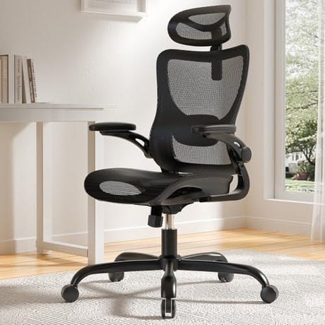 Marsail Ergonomic Mesh Office Chair High Back Home Office Desk Chair with Adaptive Lumbar Support, 2D Headrest, 3D Flip-Up Armrests, Height Adjustable and Rocking Tilt for Home Office and Gaming Marsail