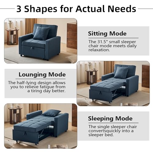 Homotive Sleeper Sofa Bed 3-in-1 Sleeper Chair Pull Out Bed, Futon Couch, Convertible Sofa Bed with Reclining Backrest, 35.6" (Blue) Homotive