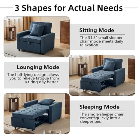 Homotive Sleeper Sofa Bed 3-in-1 Sleeper Chair Pull Out Bed, Futon Couch, Convertible Sofa Bed with Reclining Backrest, 35.6" (Blue) Homotive