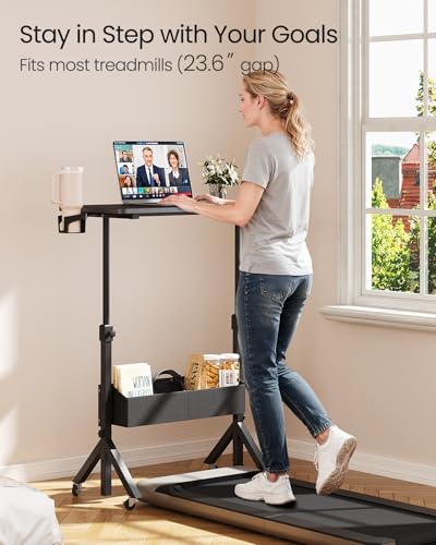 ErGear Mobile Standing Desk with Wheels, Adjustable Height 28.3″ to 46.3″, Rolling Laptop Cart with Cup Holder, Storage Basket, Computer & Pen Slot, Home Office Stand Up Desk, Black (31.5″ x 15.75″) ErGear