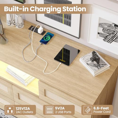 GarveeHome Natural Rattan Dresser for Bedroom with LED Light and Charging Station, 6 Drawer Double Dressers, Modern Wooden Dresser Chest, Beside Table for Closet, Nursery, Living Room, Natural GarveeHome