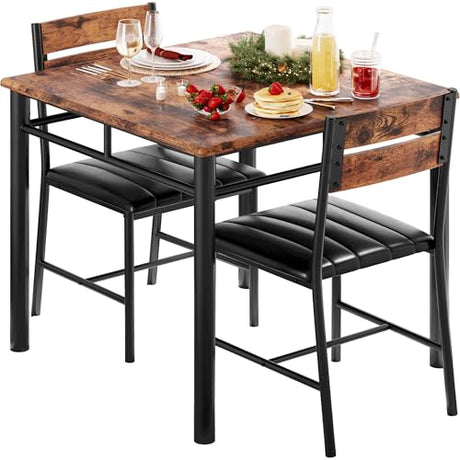 IRONCK Dining Table Set for 2, Small Kitchen Table with Upholstered Chairs Dinning Table Set for Kitchen & Dining Room, Compact Dining Set for Small Spaces, Rustic Brown IRONCK
