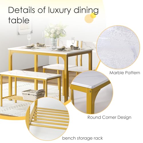 soges 4 Person Dining Table Set,43.3 inch Kitchen Table Set for 4,2 Chairs with Backrest,2-Person Bench with Storage Rack,Nesting Furniture Set for Dining Room and Restaurant, White Gold soges