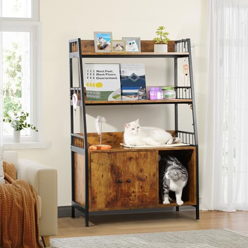 YITAHOME Cat Litter Box Enclosure with Shelves Storage, Indoor Large Litter Box Furniture Wooden Hidden Cat Cabinet Washroom Corner, Rustic Brown - WoodArtSupply