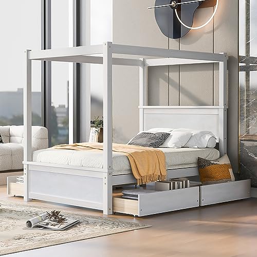 RORIGAT Wood Canopy Bed with 4 Storage Drawers, Full Size Canopy Platform Bed with Support Slats, 4-Post Wood Platform Bed with Headboard,for Kids Teens Adult, No Box Spring Needed,Brushed White