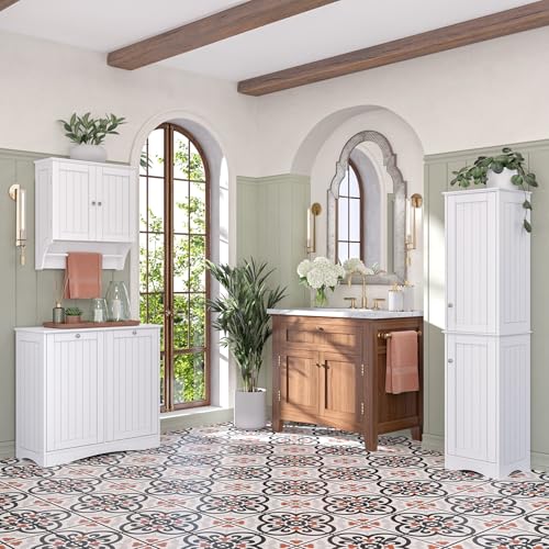 RiverRidge Ashland Double Tilt-Out Laundry Cabinet with Removable Hamper Bags - Beadboard Design Laundry Room cabinets with Top Shelf for Decor - Spacious tilt Out Laundry Hamper for Towels & Clothes RiverRidge