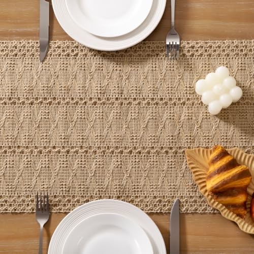 Socomi Boho Table Runner Easter Spring Farmhouse Burlap Jute Bamboo Rustic Dining Kitchen Centerpiece Decor Small Macrame Woven Coffee Table Runner for Dresser Scarf Home Decor 12x36 inch Socomi