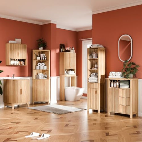 VINGLI 68" Tall Corner Cabinet with Fluted Doors,Corner Bathroom Storage Cabinet Pantry Hutch Display Shelves Adjustable for Kitchen, Living Room Modern Space Saver Shelf Bathroom Furniture,Oak VINGLI