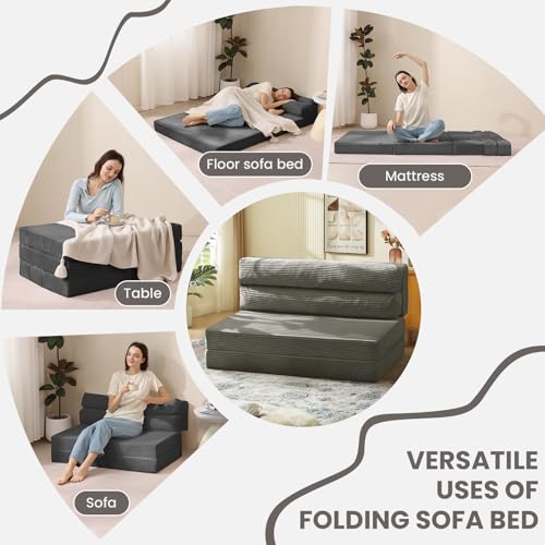 JUIKURY Folding Sofa Bed, Convertible Sleeper Chair with Pilow Foldable Matress, 2 in 1 Pull Out Loveseat Sofa Portable Fold Out Chair Bed Floor Couch Lounge for Living Room Bedroom (Grey, Full) JUIKURY