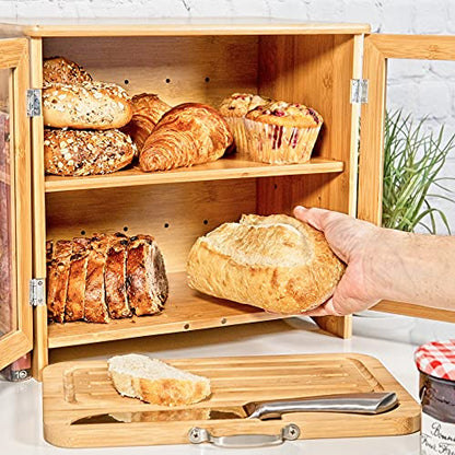 LuvURkitchen Large Wooden Bread Box For Kitchen Countertop, Comes With Thick Bamboo Cutting Board And Stainless Steel Bread Knife. Rustic Bamboo Bread Box With Adjustable Shelf. (easy Self-assembly)