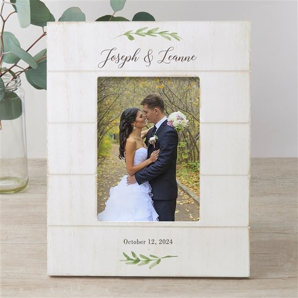 Personalization Universe Laurels Of Love Personalized Wedding Shiplap Picture Frame, 5x7 Vertical Photo Frame, White Washed Front, Perfect for Wedding Pictures, Bridal Shower Gift Personalization Universe