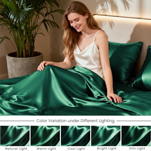 Love's cabin Full Size Satin Sheet Set - 4 Piece Dark Green Silky Satin Sheet Set with Deep Pocket, Luxury Silk Feel Satin Bed Sheets Full Bedding Set (1 Flat Sheet,1 Fitted Sheet,2 Pillow Cases) Love's cabin