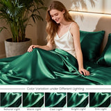 Love's cabin Full Size Satin Sheet Set - 4 Piece Dark Green Silky Satin Sheet Set with Deep Pocket, Luxury Silk Feel Satin Bed Sheets Full Bedding Set (1 Flat Sheet,1 Fitted Sheet,2 Pillow Cases) Love's cabin