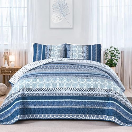 WONGS BEDDING Boho Quilt Set King Size, Navy Blue Bohemian 3 Pieces Quilt Sets, Lightweight Microfiber Bedspread Coverlet Bedding Set for All Season (104"x90") WONGS BEDDING