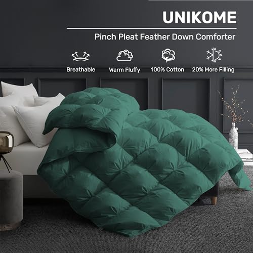 UNIKOME Pinch Pleat Goose Feather Down Comforter - 20% Extra Fill, 90oz, All Season Duvet Insert with 100% Cotton Cover, Cloud-Like Fluffiness (Green, Queen/Full, 90"X90") UNIKOME