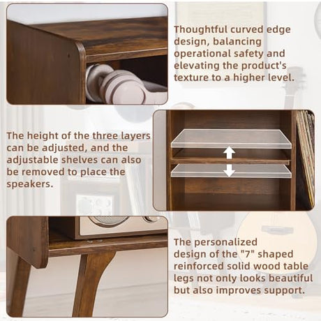 Lerliuo Record Player Stand with 4 Cabinet Holds Up to 220 Albums, Large Turntable Stand with Beech Wood Legs, Mid-Century Record Player Table,Retro Brown Vinyl Holder Storage for Bedroom Living Room Lerliuo