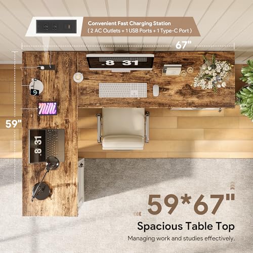 Decofy L Shaped Farmhouse Executive Desk with Drawers, 67" Home Office Desks with Fast Charging Station, Lockable File Cabinet, Wood Writing Computer Desk for Work, Study, White Decofy