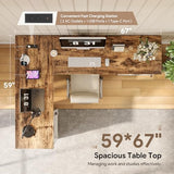 Decofy L Shaped Farmhouse Executive Desk with Drawers, 67" Home Office Desks with Fast Charging Station, Lockable File Cabinet, Wood Writing Computer Desk for Work, Study, White Decofy