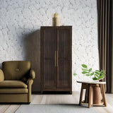 BELLEZE Storage Cabinet, Tall Bookshelf or Display Cabinet for Living Room Bedroom, Curio Cabinet with Tempered Glass Doors, Trophy Display Case, Storage/Organization - Avalon (Dark Walnut) BELLEZE