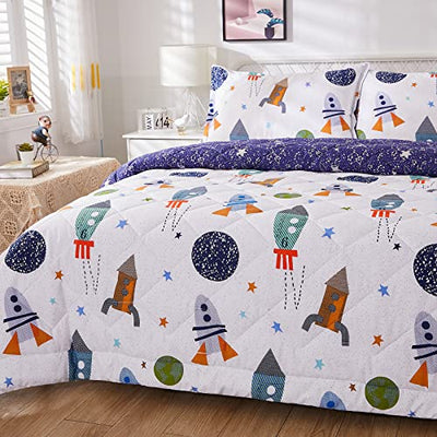 Brandream Kids Space Bedding Set Boy Girl Cotton Comforter Set Space Rocket Galaxy Bedroom 3-Piece Full Size
