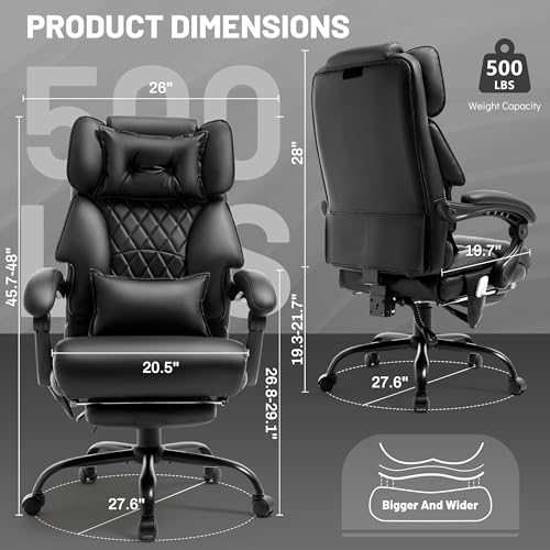 Massage Office Chair with Foot Rest,6 Points Vibration & Heat Executive Office Chairs,Big and Tall Leather Office Chair 500LBS,Ergonomic Desk Chair for Heavy People,Recliner with Dual-Use Pillow,Black BLISNEST