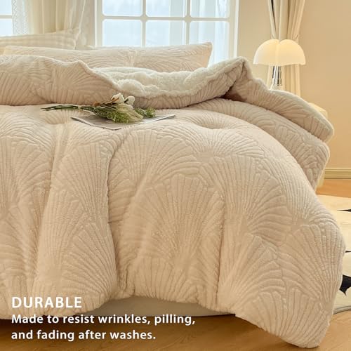 tohrisa Seashell Jacquard Sherpa Comforter Set Warm Cozy Premium Bedding 2 Pieces, Twin Size Geometric Pattern Quilt Comforter with 1 Pillowcases(68"X90" Ivory White) tohrisa