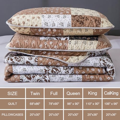 Mybedsoul Brown Quilt Set Twin Size, 2 Pieces Plaid Floral Bedspread Set Patchwork Reversible Bedding Set Microfiber Lightweight Bedspread Coverlet Set for All Season 68"x86" Mybedsoul