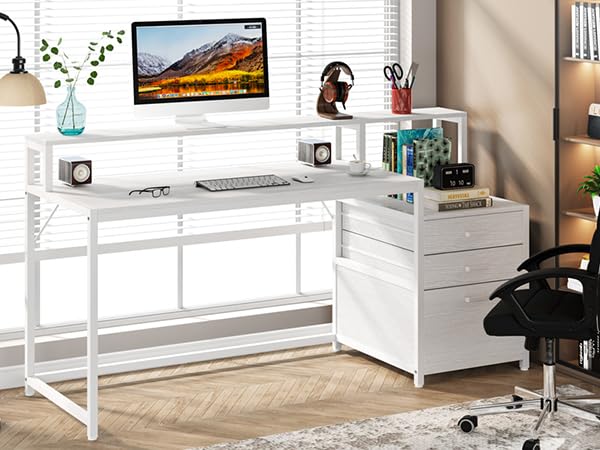 Tribesigns 63 Inch Computer Desk with File Drawer Cabinet, Ergonomic Office Desk with Monitor Stand, Computer Table with Printer Space, Wood PC Table Workstation Desk for Home Office, White - WoodArtSupply