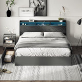 MALOL Bed Frame, King Bed Frame with Headboard & Storage Shelf, Metal Platform Bed Frame with 4 Storage Drawers, Built-in Charging Station, Led Light, Wood Bed Frame, No Box Spring Needed, Grey MALOL
