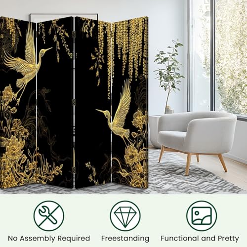 4 Panels Folding Screen Room Divider Cran Bird Wisteria Seamless Japanese Chinese Gold Black Traditional Canvas Screen Room Separator Freestanding Protective Decorative Divider Privacy Partition VETEB
