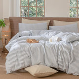 MooMee Striped Duvet Cover Set 100% Washed Cotton Linen Like Textured Breathable Durable Soft Comfy (Cornflower Blue White Classic Stripes, King 104"x90") MooMee