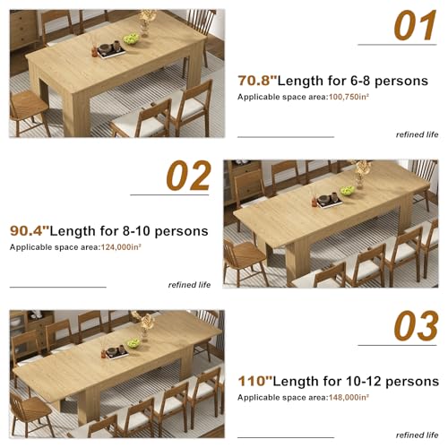 70.8"-110" Extendable Dining Table for 6-12 Person, Wooden Dining Room Table, Modern Extendable Table for Gatherings, Meeting for Small Kitchens, Dining Office Areas(Natural) Fingertip WD