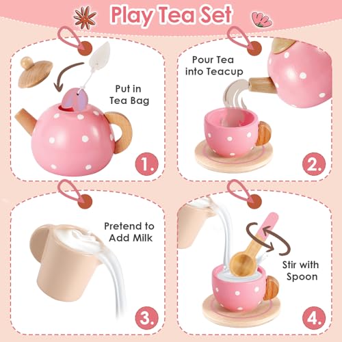 BUYGER Wooden Tea Party Set for Toddlers Little Girls with Tea Cup Teapots Food Tray Pretend Play Kitchen Accessories Cafe Toys Gifts for Ages 3-5 3 4 5 Years Old Buyger