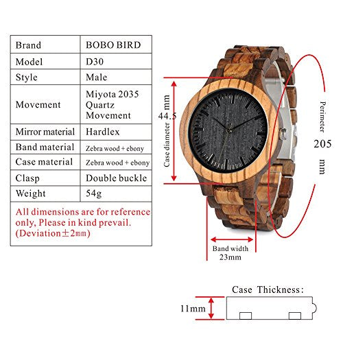 BOBO BIRD Men's Zebra Wood Watch Analog Quartz Lightweight Handmade Wooden Sports Casual Watches BOBO BIRD