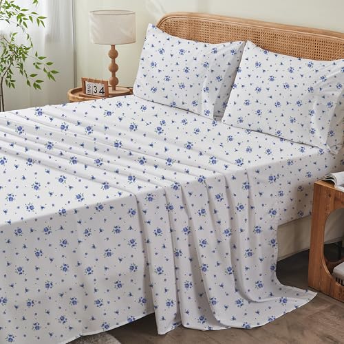 Twin Fitted Sheet,Microfiber Patterned Fitted Sheet Deep Pocket 18 Inches, Ultra Soft & Wrinkle Resistant Twin Deep Pocket,Blue Floral Hylnosia