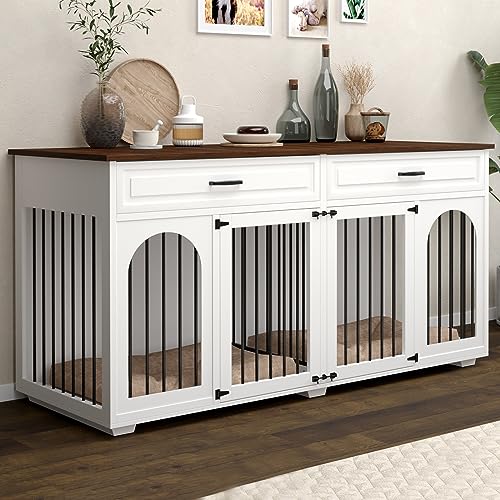 FFIQQ Double Dog Crate Furniture,74.8 Inch Dog Crate Kennel Furniture for 2 Large Breed Dogs,Heavy Duty Wooden Dog Crate with Divider&2 Drawers,White - WoodArtSupply