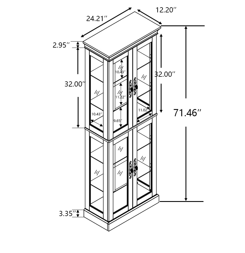 Lighted Glass Curio Cabinet with Lights & Adjustable Shelves,Curio Display Cabinet with Wood Frame,Corner Cabinet for Kitchen,Living Room,Office(Free Standing,Light Bulb Include)