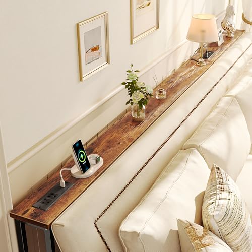 SUPERJARE 102 Inch Sofa Table with 2 Power Outlets and USB-C Ports, 5.9 Inch Narrow Console Table with Storage, Extra-Long, for Entryway Hallway Couch Behind Sofa, Small Spaces, Rustic Brown SUPERJARE