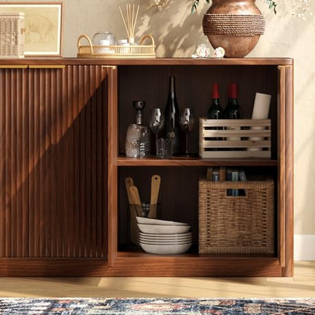 Evermagin 67" Fluted Walnut Buffet Cabinet Sideboard with Storage, Large Credenza with 6 Doors, Wood Mid Century Modern Sideboard for Kitchen and Living Room (67" W*31.5" H*15.7" D) Evermagin