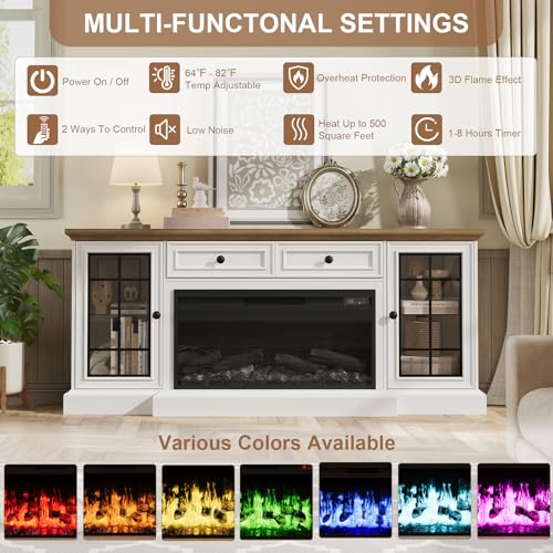 RNLRNL Fireplace TV Stand Up to 80" TVs, 70'' Modern Entertainment Center with 36" Electric Fireplace & LED Lights, Farmhouse Media Console with Storage Cabinet & Drawer for Living Room, Antique White RNLRNL