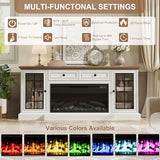 RNLRNL Fireplace TV Stand Up to 80" TVs, 70'' Modern Entertainment Center with 36" Electric Fireplace & LED Lights, Farmhouse Media Console with Storage Cabinet & Drawer for Living Room, Antique White RNLRNL