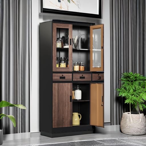 AFAIF Glass Display Cabinet with Drawers, Lockable Metal Storage Cabinets with 2 Adjustable Shelves, 71'' Tall Locking Cabinets Modern Liquor Cabinet Freestanding Kitchen Pantry Storage Cabinet